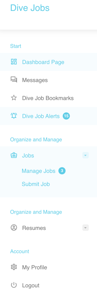 Employer Dashboard Menu - Dive Jobs